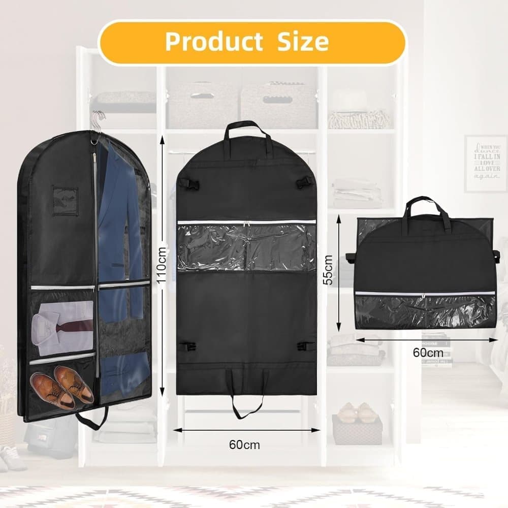 5 Pockets Garment Bag Foldable Suit Cover Clothing Storage, 110x60 cm, Black - Image 2