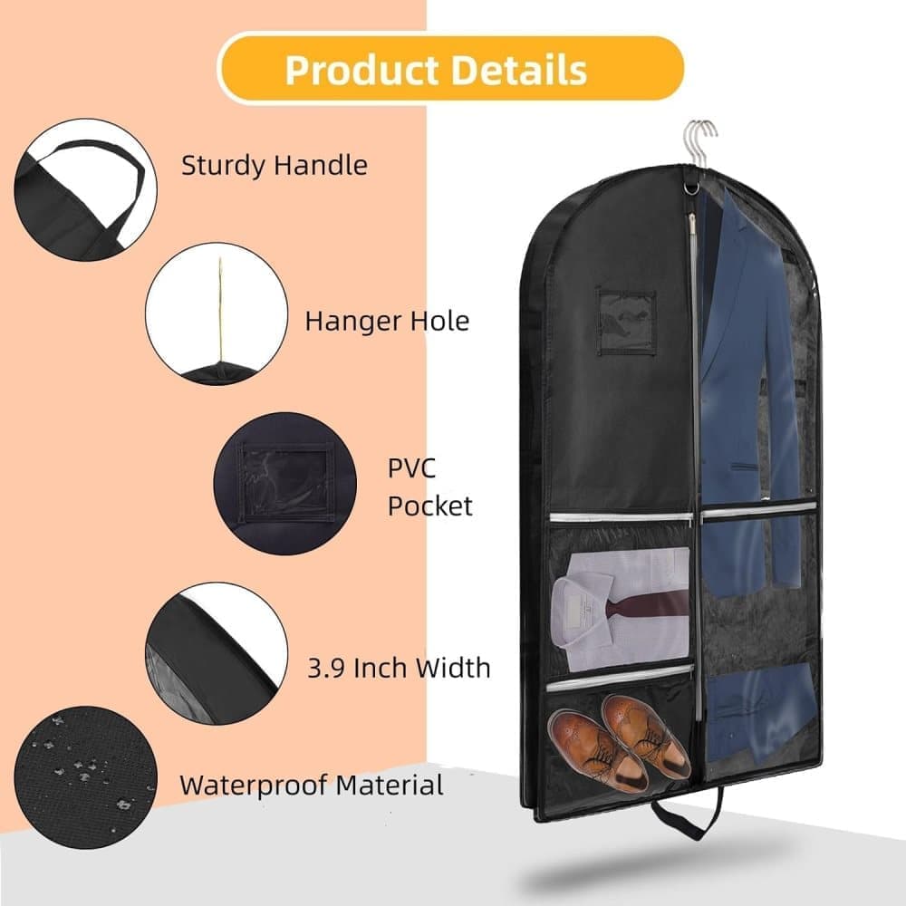 5 Pockets Garment Bag Foldable Suit Cover Clothing Storage, 110x60 cm, Black - Image 3