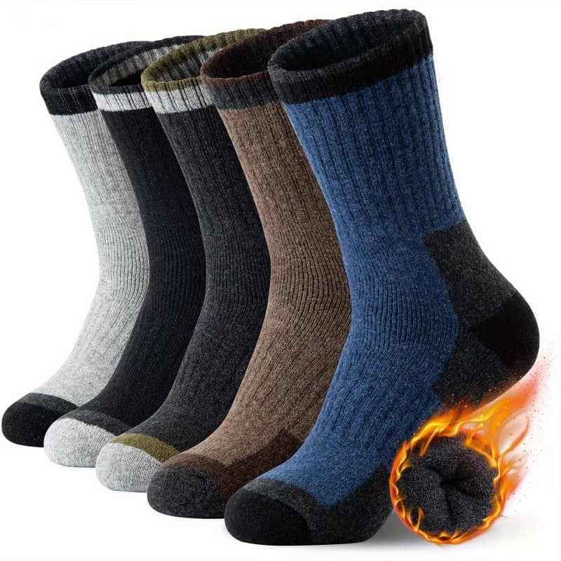 5-Pack Men's Merino Wool Hiking Socks, Moisture-Absorbing Terry, Warm Thick Winter Boot Socks, Mid-High - Image 1