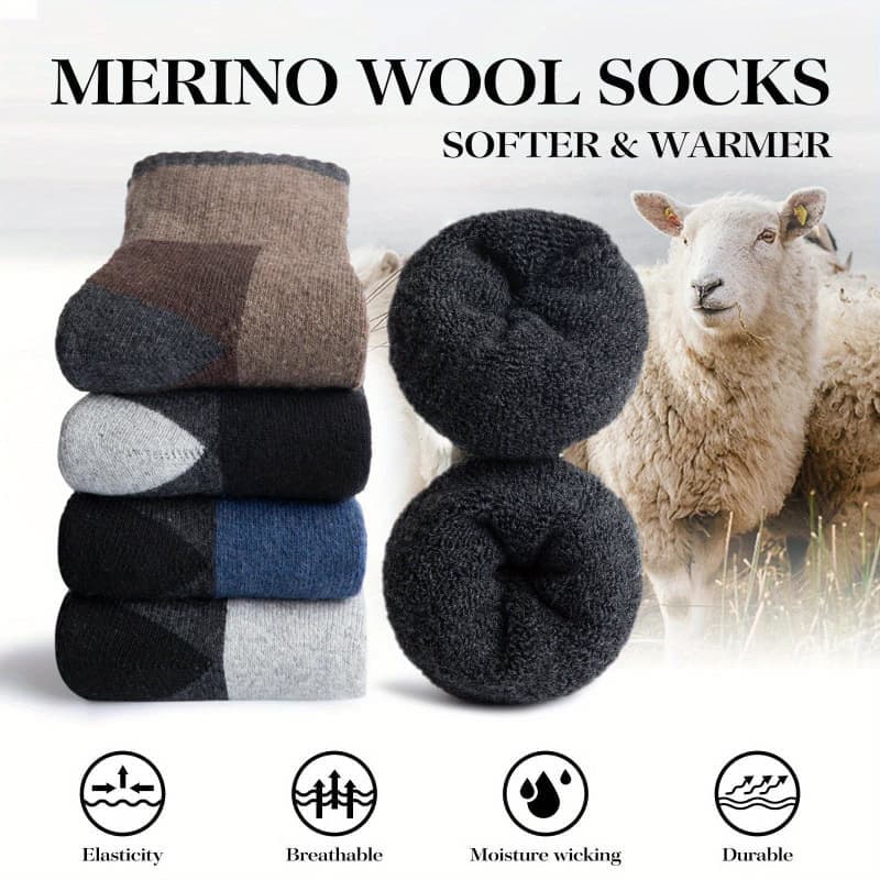 5-Pack Men's Merino Wool Hiking Socks, Moisture-Absorbing Terry, Warm Thick Winter Boot Socks, Mid-High - Image 4