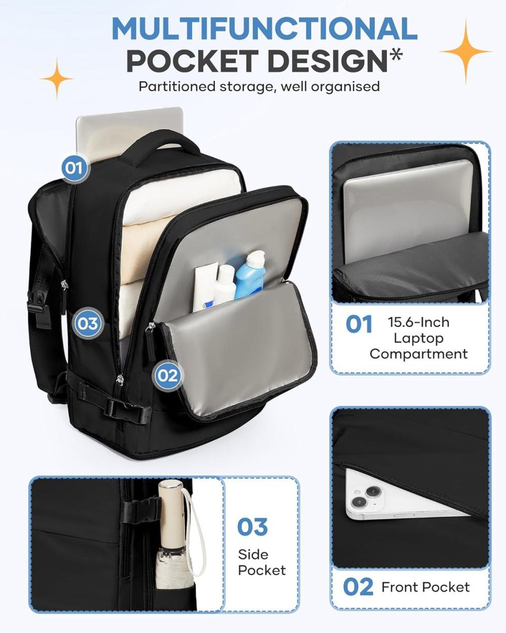 Travel Backpack 42 x 30 x 20 cm, Black, Cabin Bag with Dry and Wet Sorting - Image 5