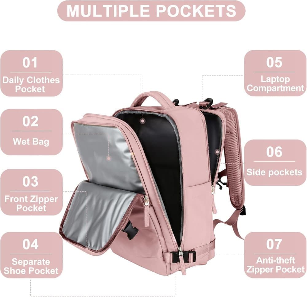 40L Travel Backpack Cabin Bag, Dry Wet Sorting, with Luggage Strap, 42 x 30 x 20 cm, Beige - Image 3