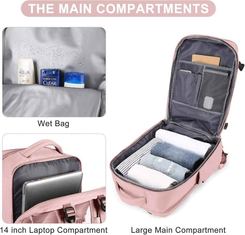 40L Travel Backpack Cabin Bag, Dry Wet Sorting, with Luggage Strap, 42 x 30 x 20 cm, Beige - Image 6
