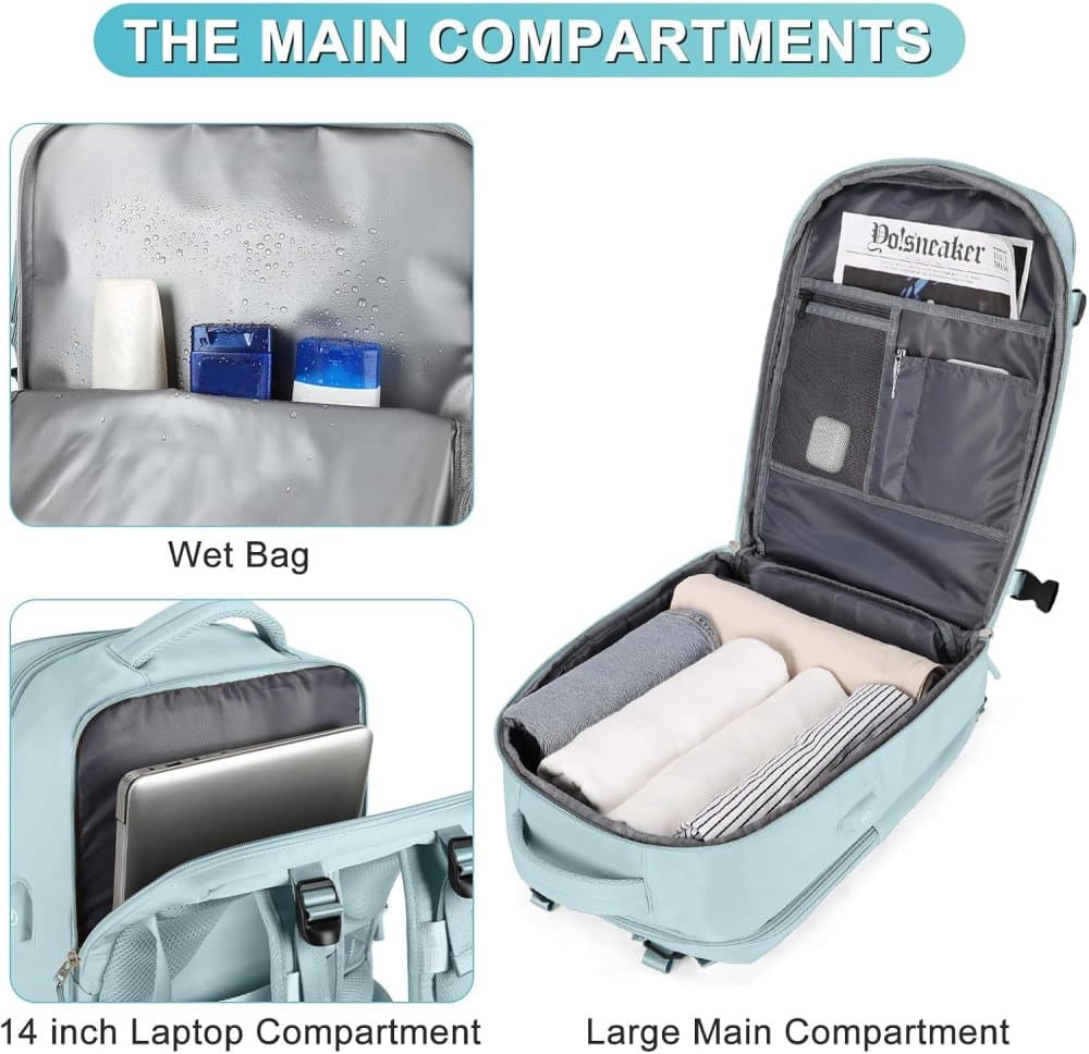 Blue Travel Backpack Cabin Bag with Dry Wet Sorting, 42 x 30 x 20 cm - Image 7