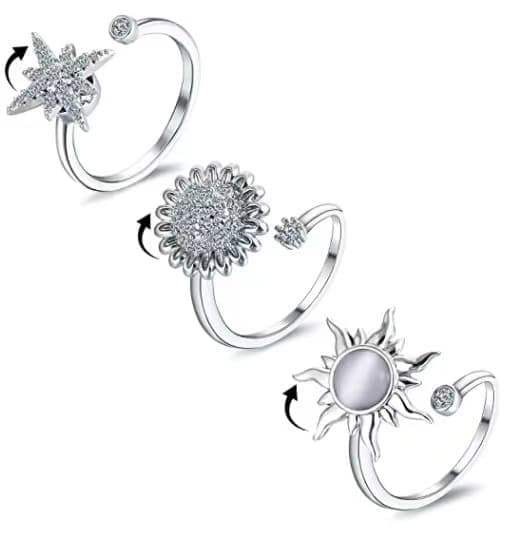 3-Piece Adjustable Stress Ring for Women with Rotatable Decor, Anxiety Relief, One Size - Image 1