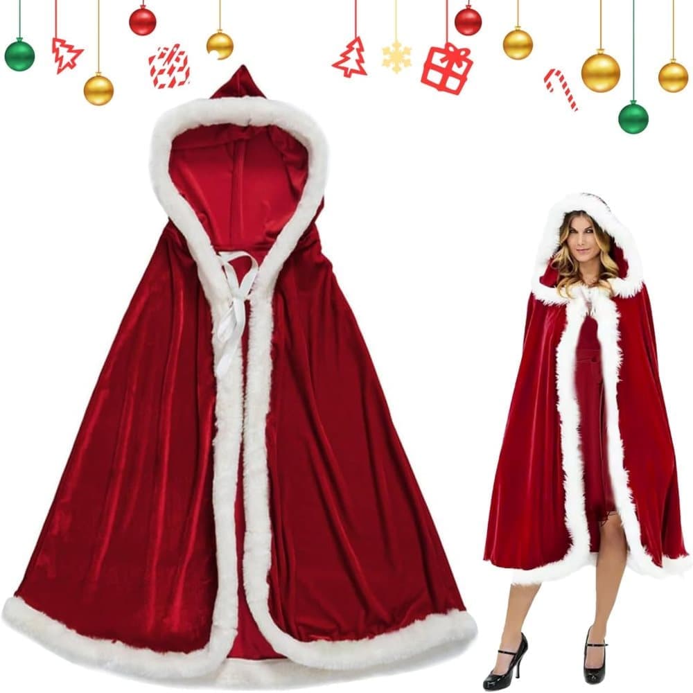 Red Christmas Cloak with Hood for Women, Santa Costume for Christmas Party and Cosplay, One Size, 150cm - Image 1