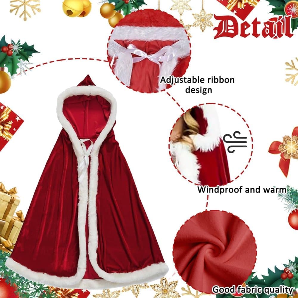 Red Christmas Cloak with Hood for Women, Santa Costume for Christmas Party and Cosplay, One Size, 150cm - Image 3