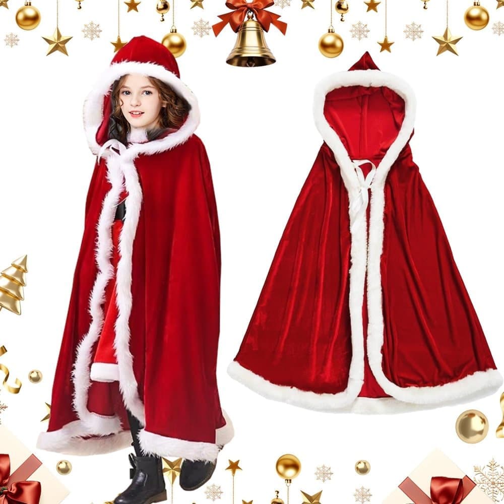 1 Red Christmas Cloak with Hood Santa Costume for Women, 100cm - Image 1