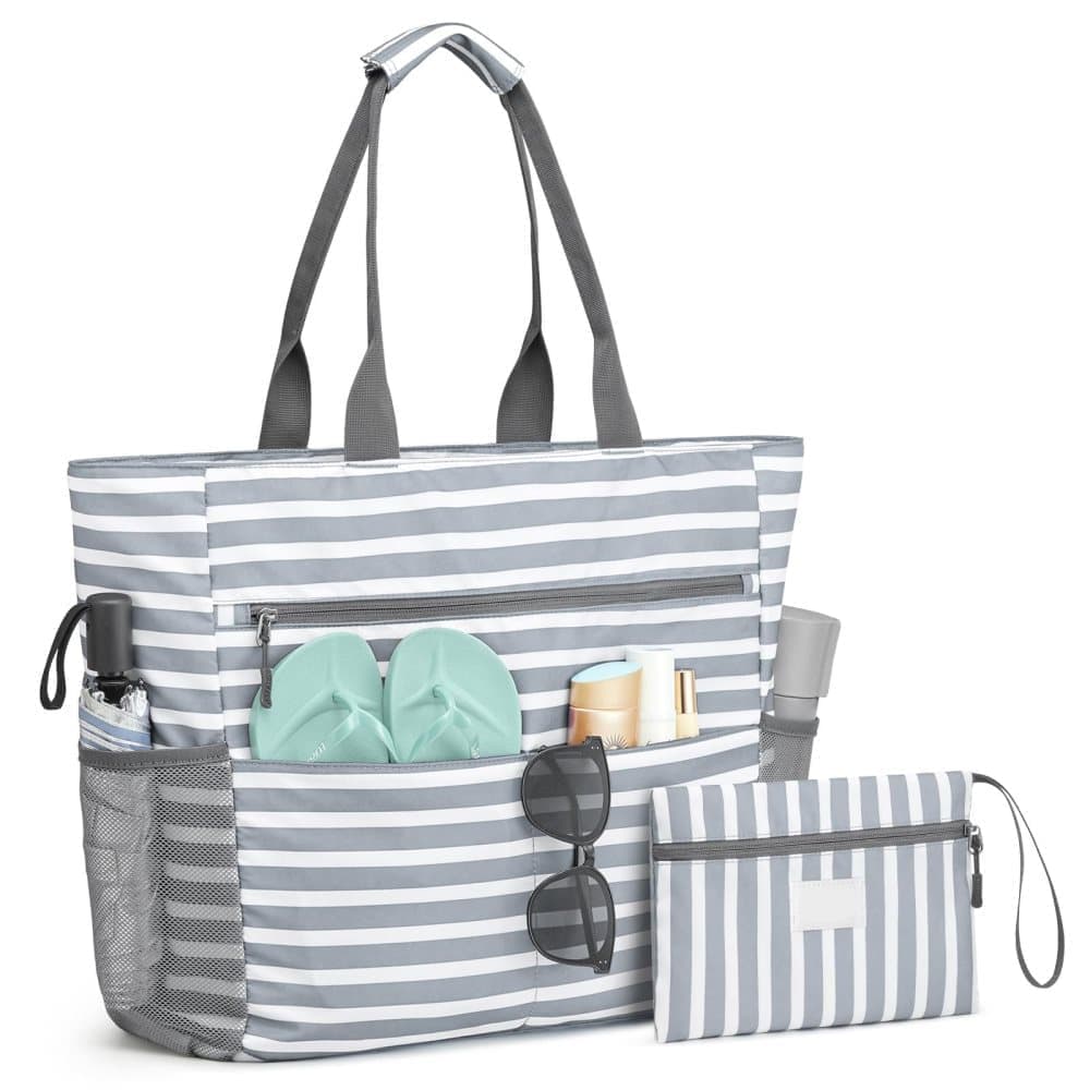 Large Capacity Waterproof Foldable Beach Bag for Shopping and Vacation, Gray, Multifunctional Shoulder Bag - Image 1