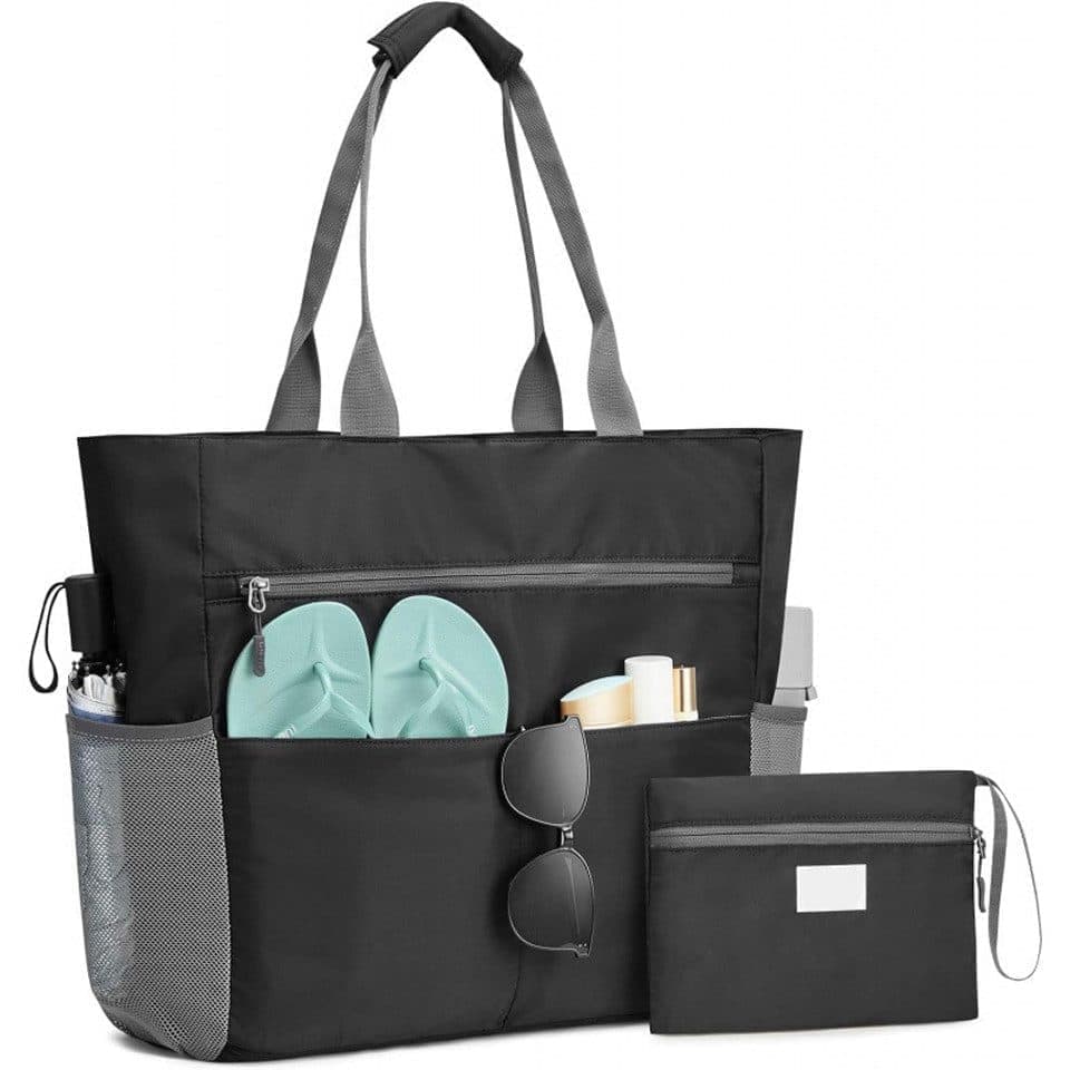 Large Capacity Waterproof Foldable Beach Bag for Shopping and Vacation, Black, Multifunctional Shoulder Bag - Image 1
