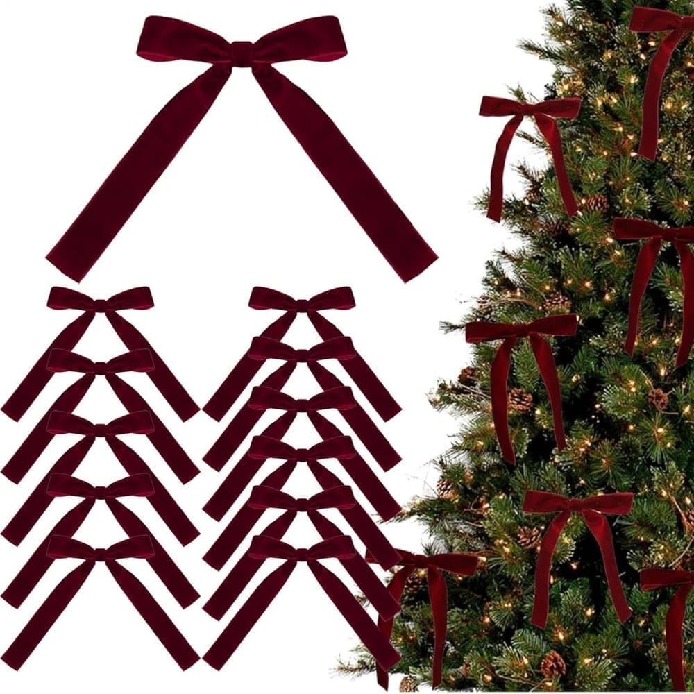 12 Christmas Bows for Tree, Velvet in Burgundy - Image 1