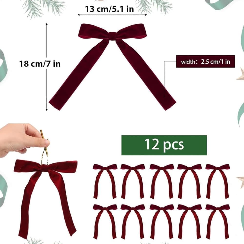 12 Christmas Bows for Tree, Velvet in Burgundy - Image 2