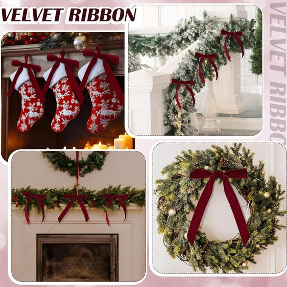 12 Christmas Bows for Tree, Velvet in Burgundy - Image 6