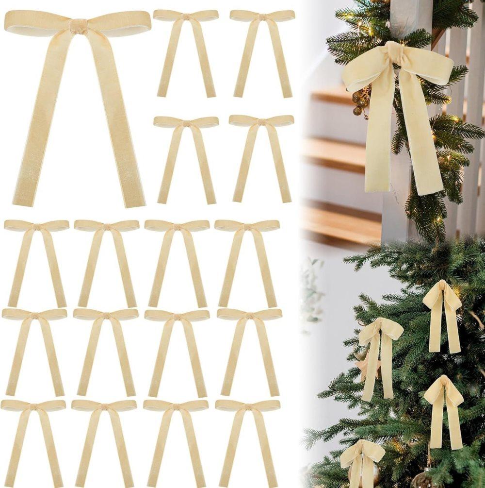 12 Christmas Bows Velvet Tree Decorations in Beige, 6-inch - Image 1
