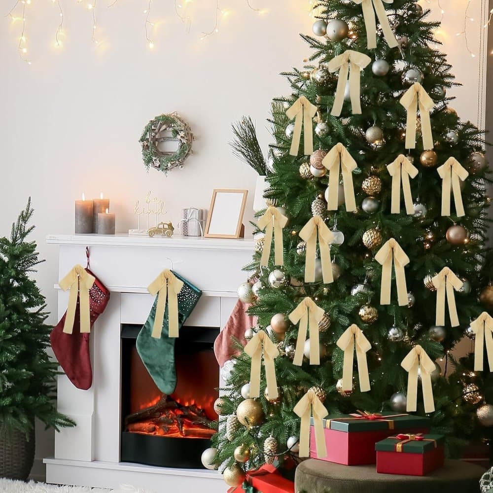 12 Christmas Bows Velvet Tree Decorations in Beige, 6-inch - Image 3