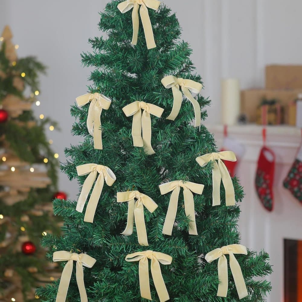12 Christmas Bows Velvet Tree Decorations in Beige, 6-inch - Image 5