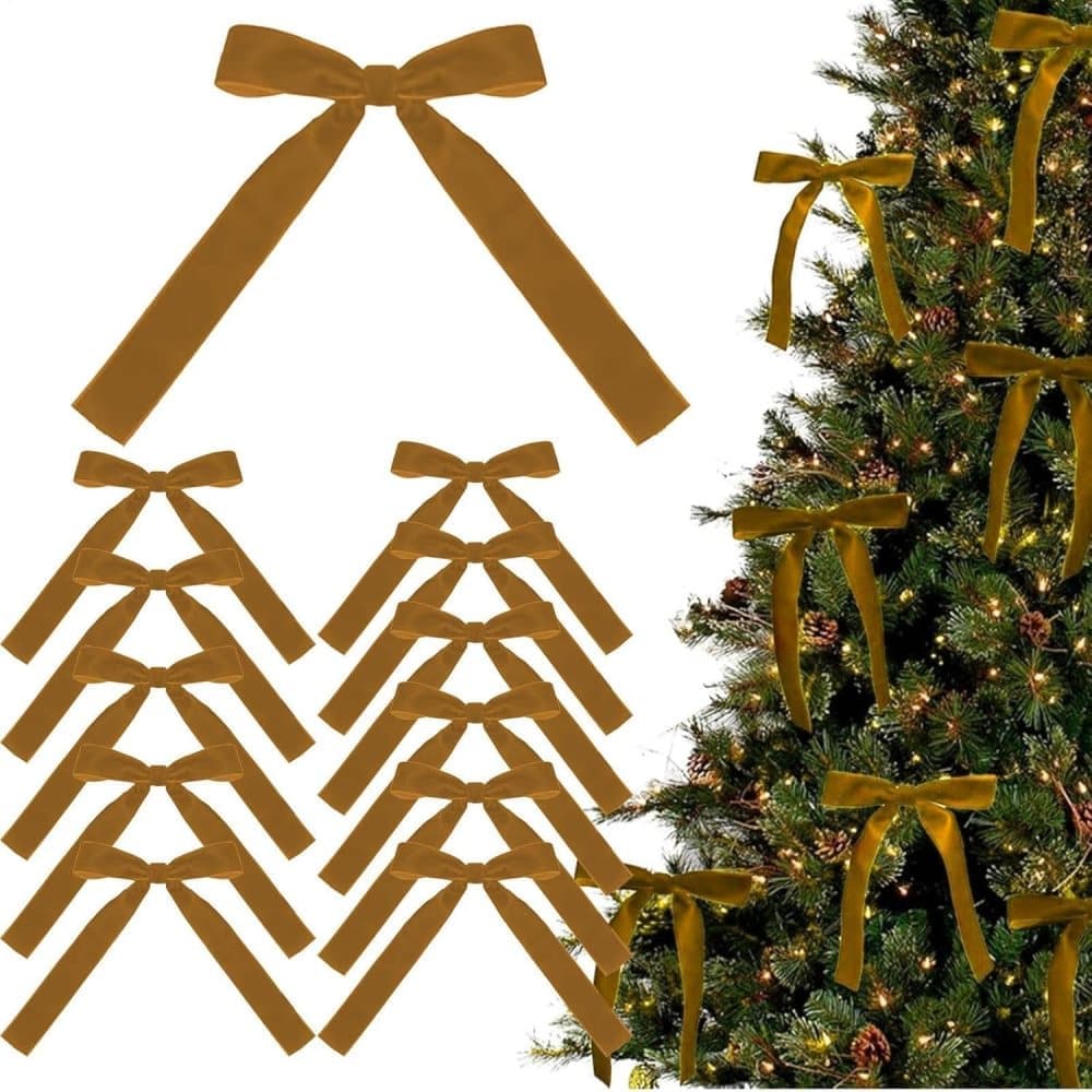 12 Christmas Bows Velvet Tree Decorations in Dark Brown - Image 1