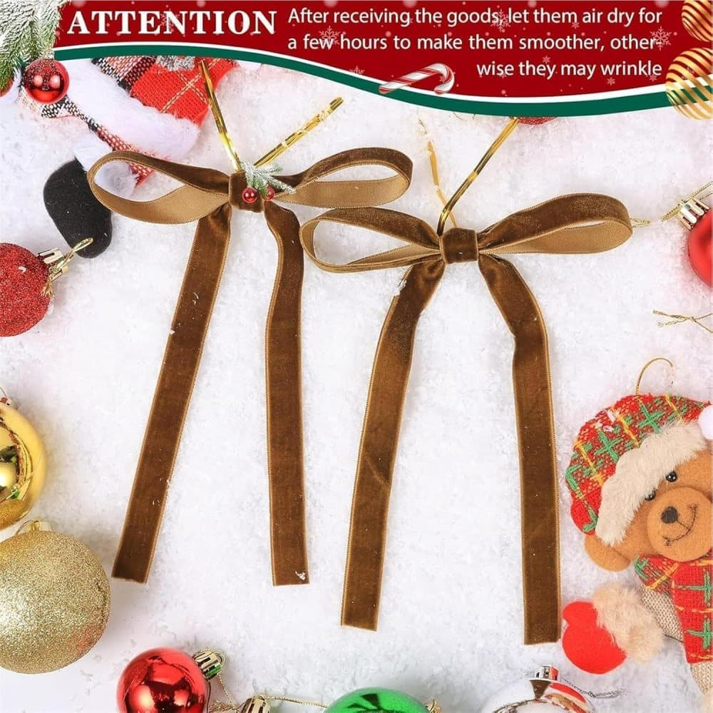 12 Christmas Bows Velvet Tree Decorations in Dark Brown - Image 3