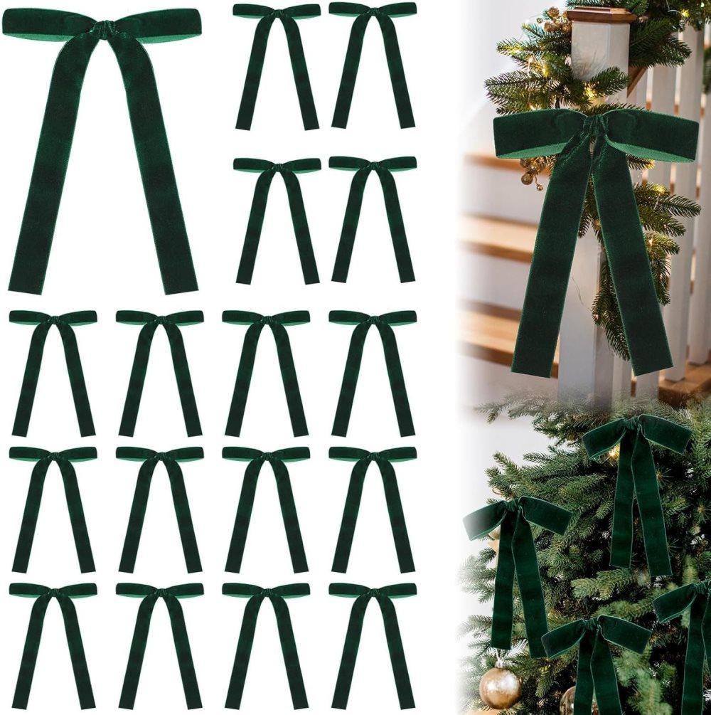 12 Christmas Bows Velvet Tree Decorations in Dark Green - Image 1