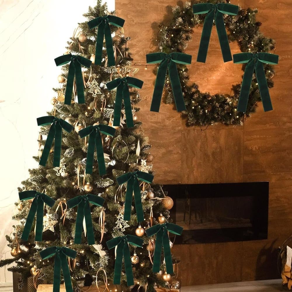 12 Christmas Bows Velvet Tree Decorations in Dark Green - Image 2