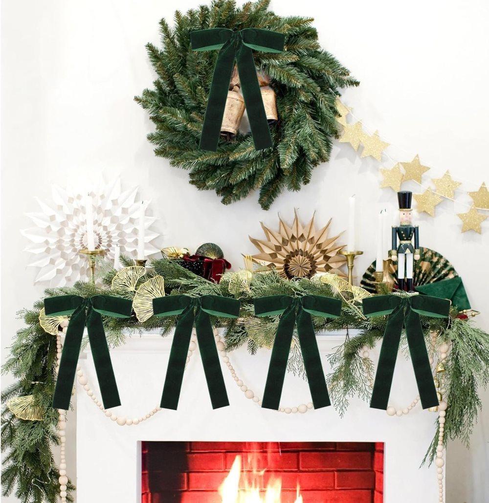 12 Christmas Bows Velvet Tree Decorations in Dark Green - Image 4