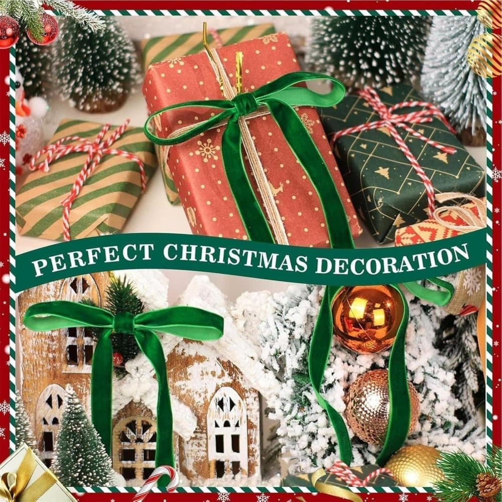 12 Christmas Bows Velvet Tree Decorations in Dark Green - Image 5