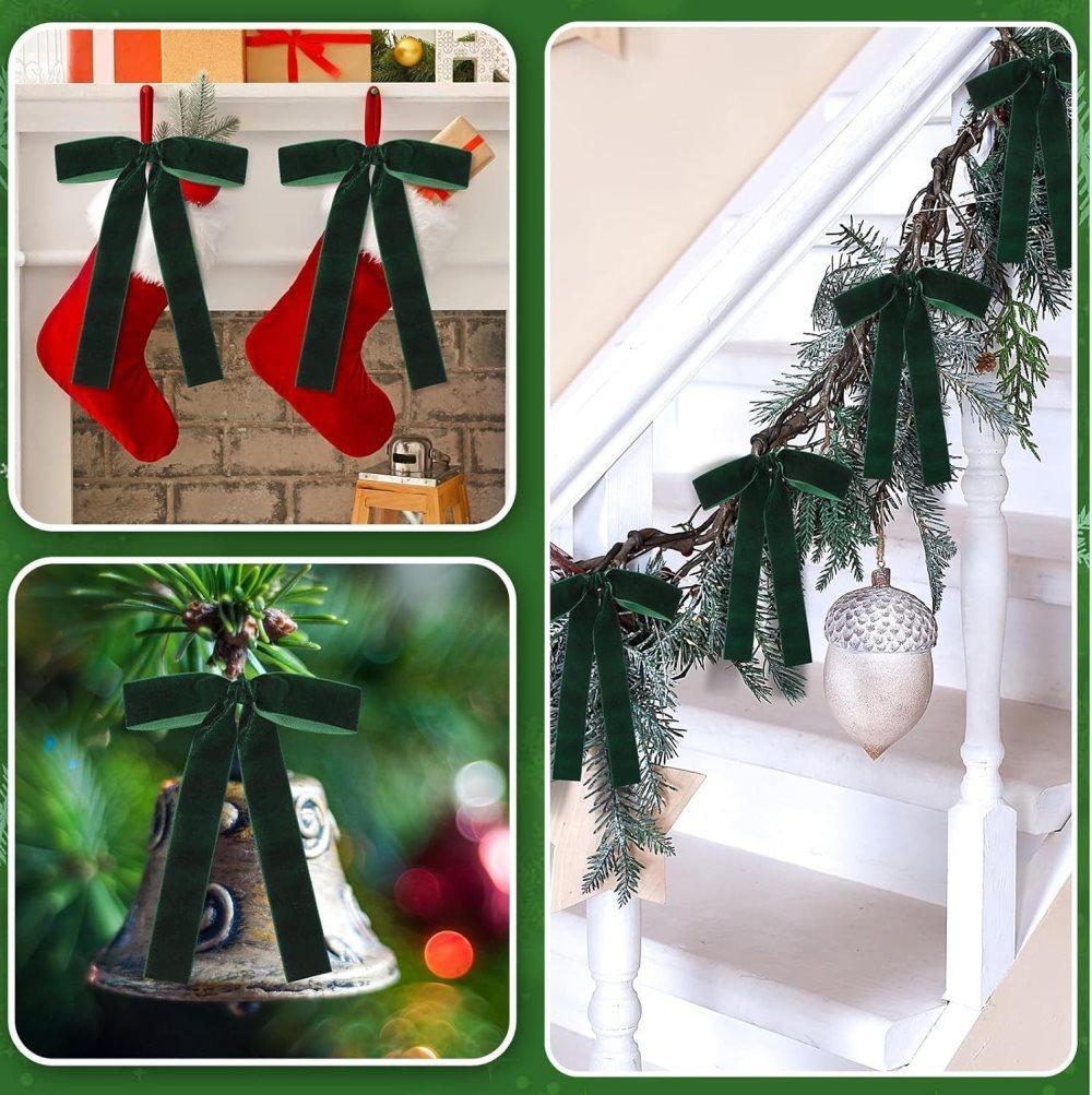 12 Christmas Bows Velvet Tree Decorations in Dark Green - Image 6