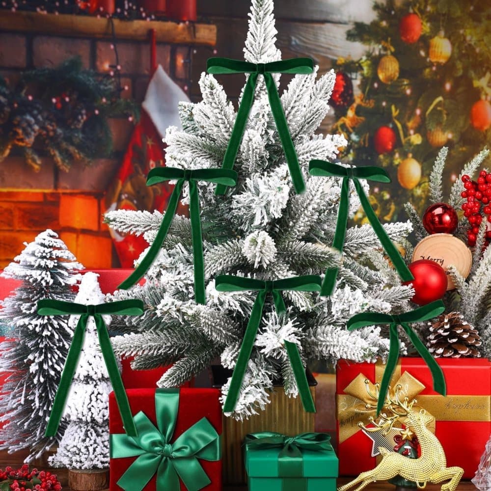 12 Christmas Bows Velvet Tree Decorations in Dark Green - Image 7