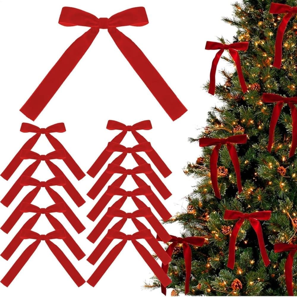 12 Christmas Bows Velvet Tree Decorations, Red - Image 1