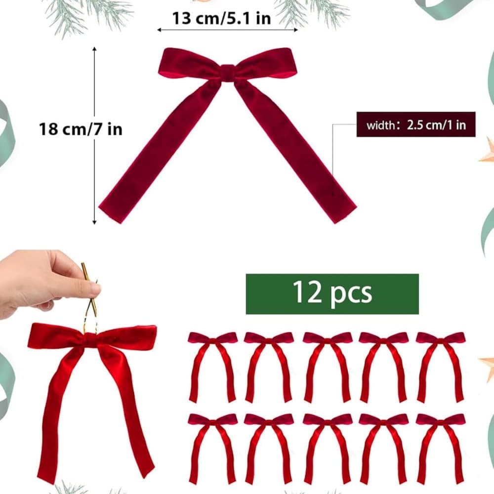 12 Christmas Bows Velvet Tree Decorations, Red - Image 2