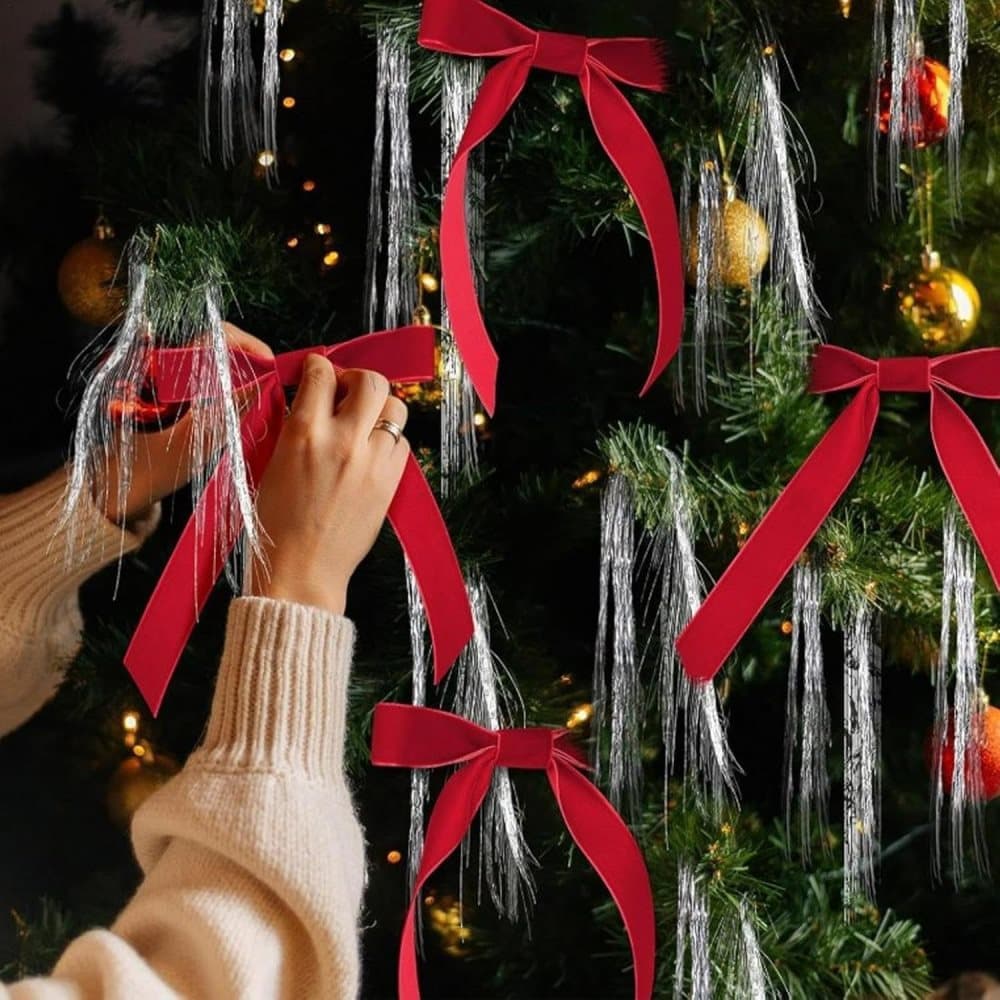 12 Christmas Bows Velvet Tree Decorations, Red - Image 3
