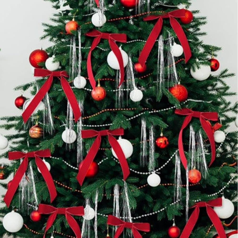 12 Christmas Bows Velvet Tree Decorations, Red - Image 4