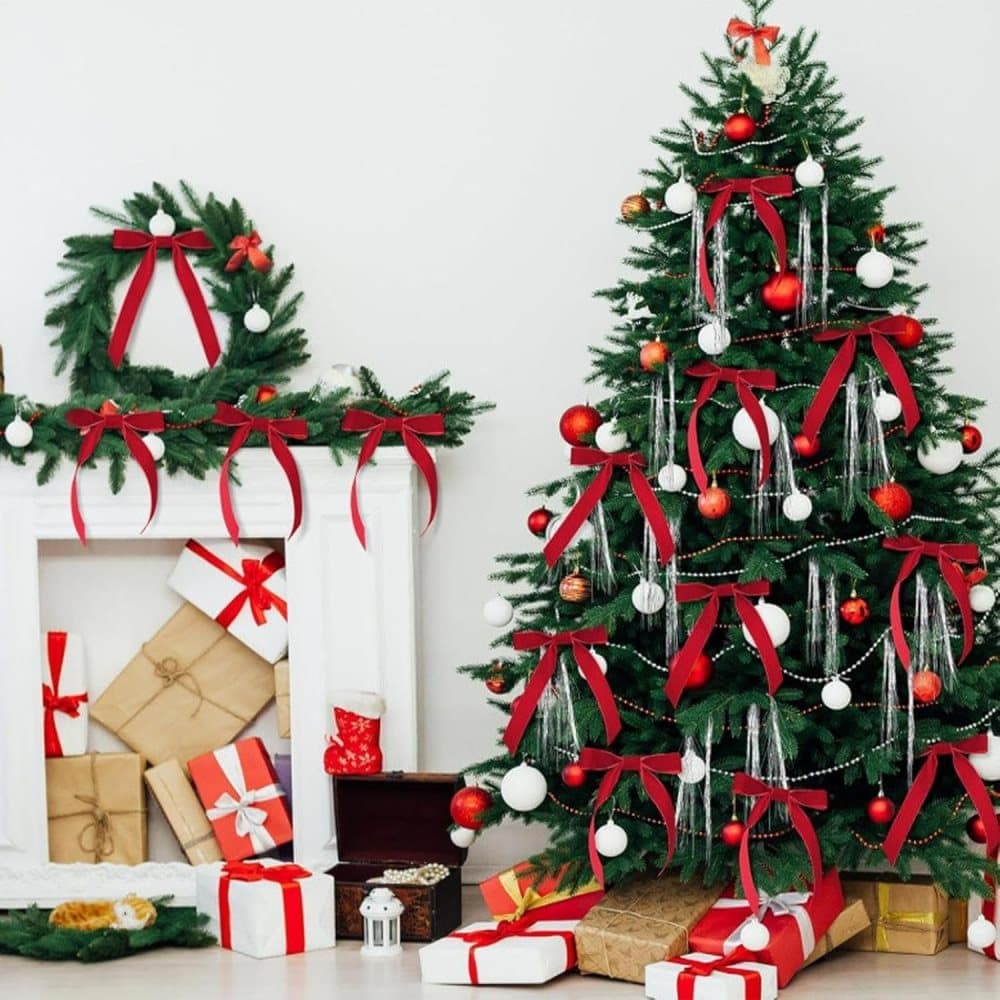 12 Christmas Bows Velvet Tree Decorations, Red - Image 5