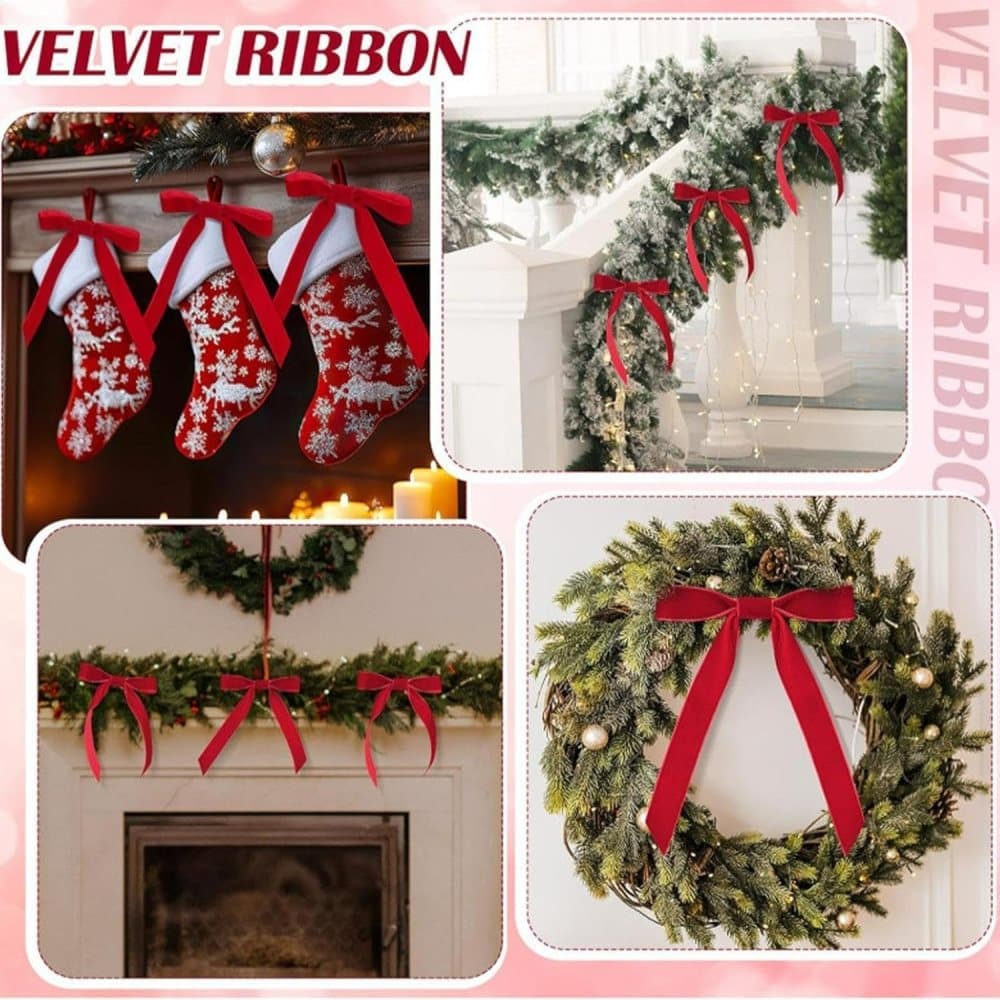12 Christmas Bows Velvet Tree Decorations, Red - Image 6