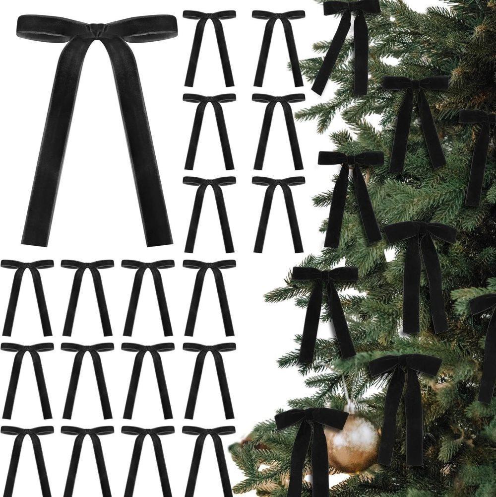 12 Christmas Bows Velvet Tree Decorations in Black, 6 inches - Image 1