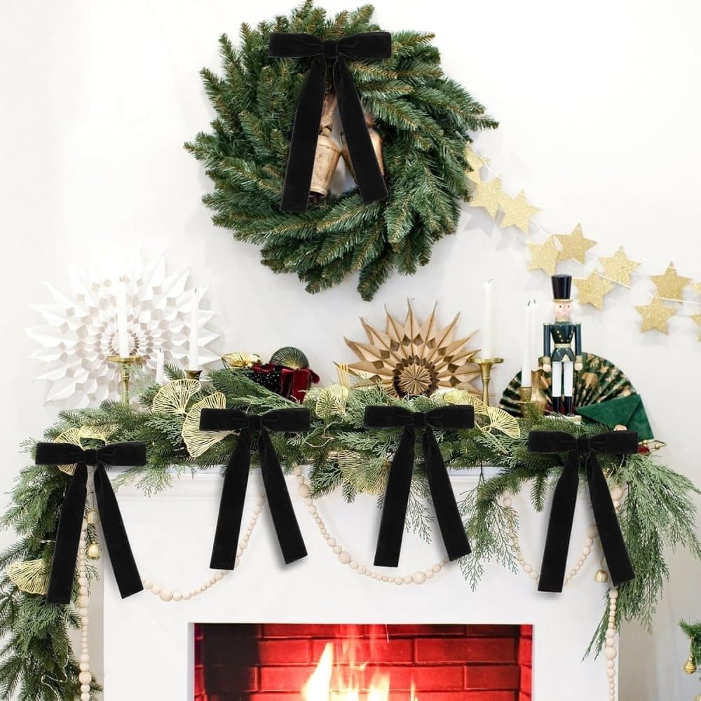 12 Christmas Bows Velvet Tree Decorations in Black, 6 inches - Image 2