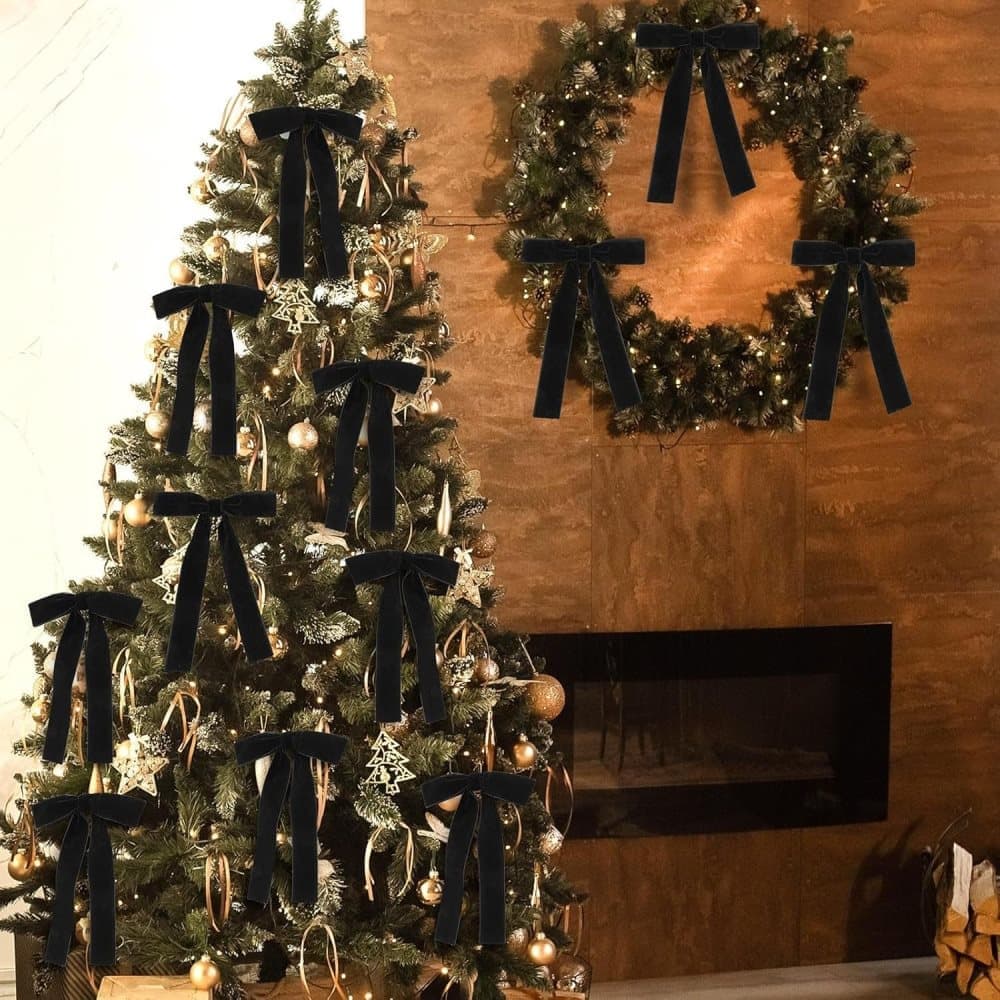 12 Christmas Bows Velvet Tree Decorations in Black, 6 inches - Image 3