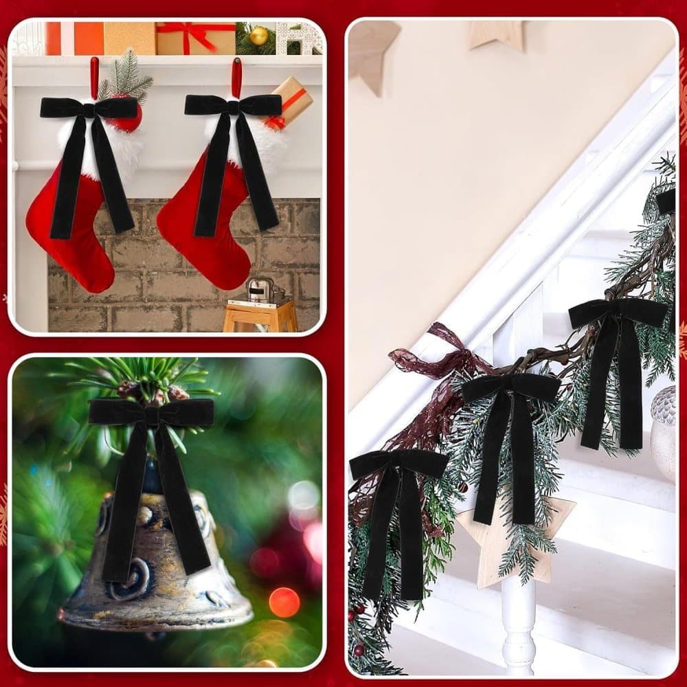12 Christmas Bows Velvet Tree Decorations in Black, 6 inches - Image 4