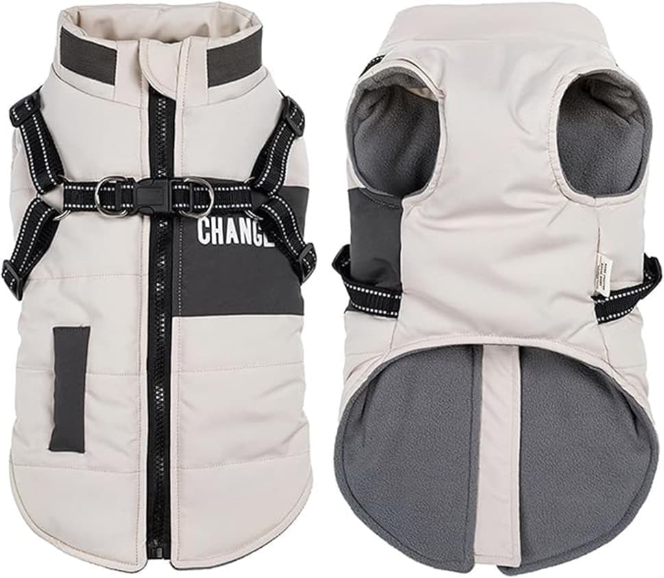 1 Warm Winter Dog Vest with Stand Collar, Wind and Waterproof, S M L XL, Beige - Image 1
