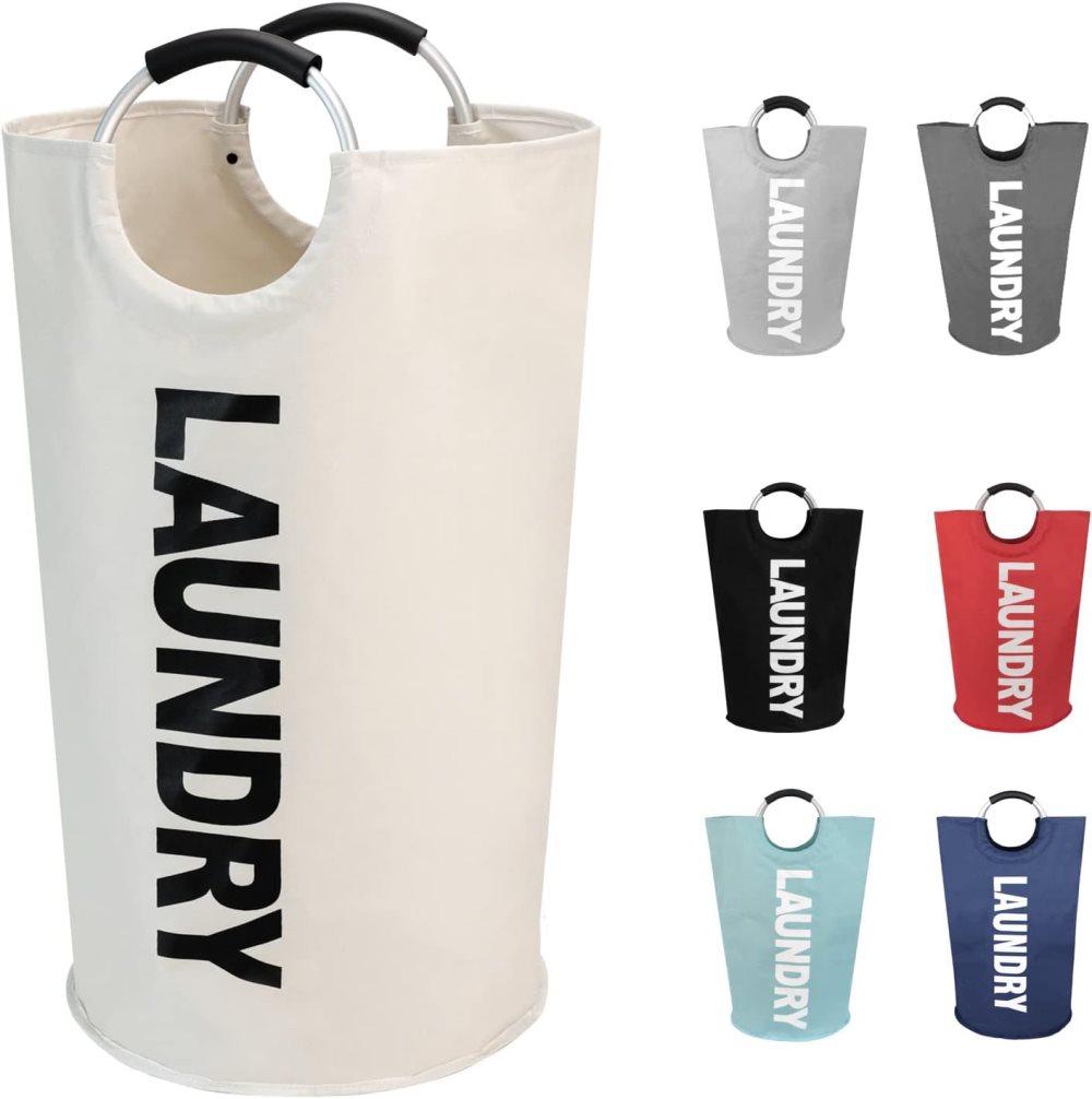 90L Foldable Laundry Basket Waterproof, 38x38x79 cm, Beige - Image 1