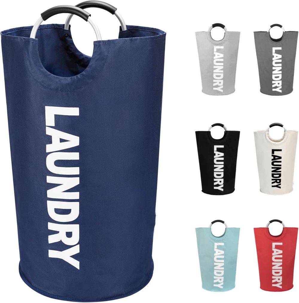 90L Foldable Laundry Basket with Handles, Waterproof, Dark Blue, 38x38x79 cm - Image 1