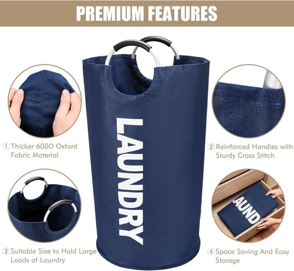 90L Foldable Laundry Basket with Handles, Waterproof, Dark Blue, 38x38x79 cm - Image 2