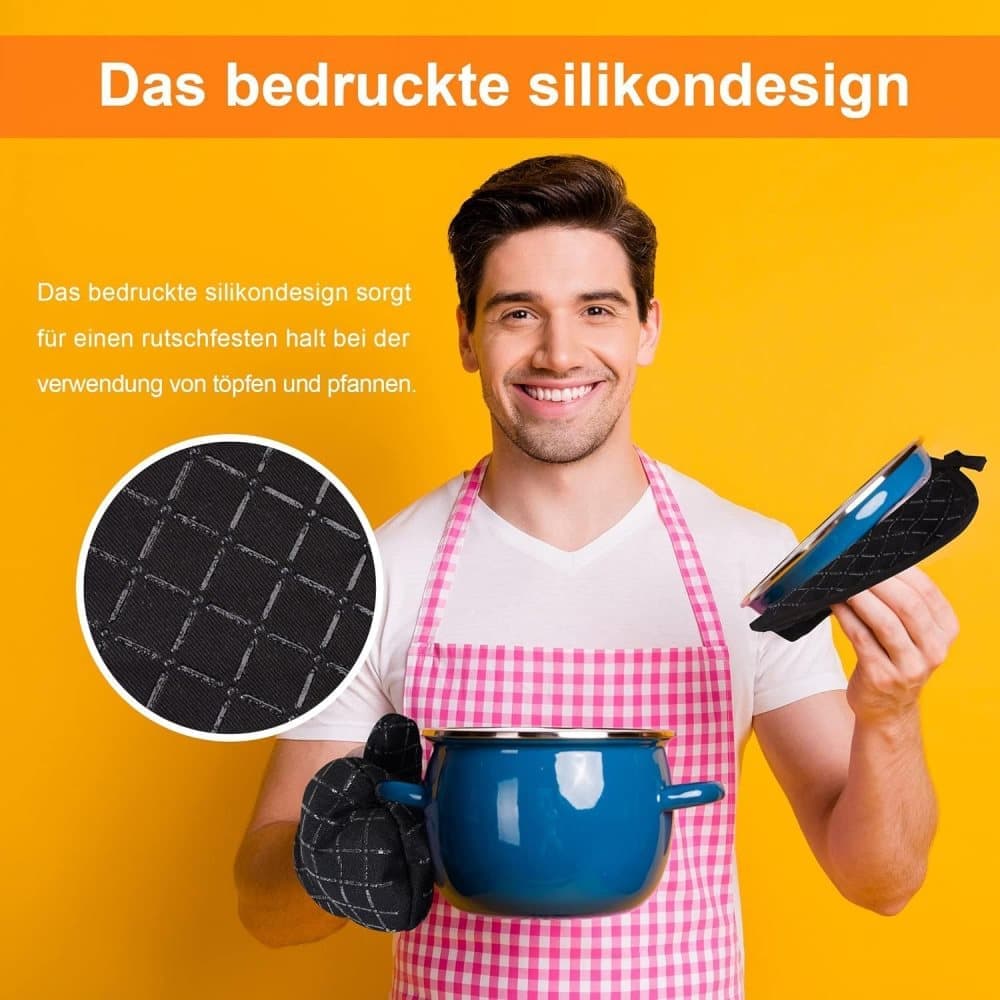 Heat Resistant Oven Mitts & Grill Gloves Anti-Slip Kitchen Potholders, Black, up to 300°C, Compatible with Cooking and Baking - Image 3