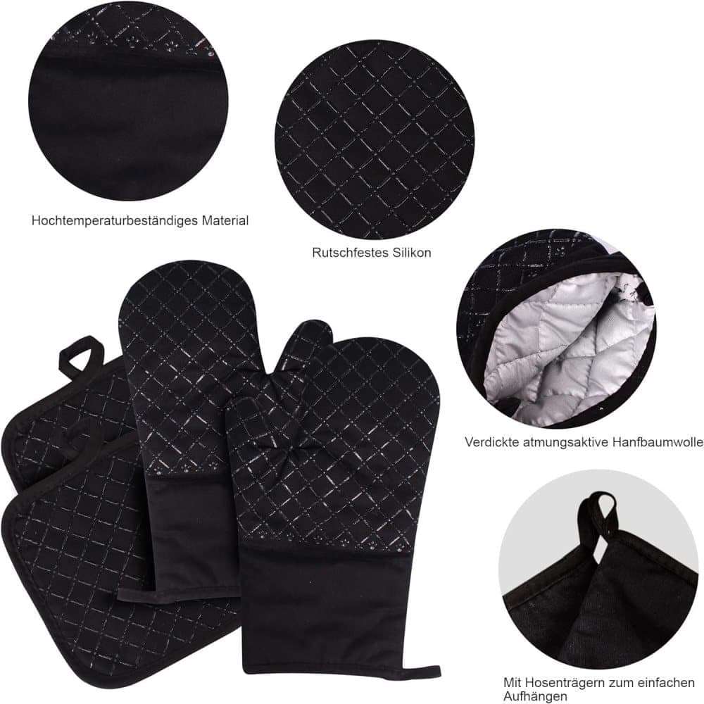Heat Resistant Oven Mitts & Grill Gloves Anti-Slip Kitchen Potholders, Black, up to 300°C, Compatible with Cooking and Baking - Image 4
