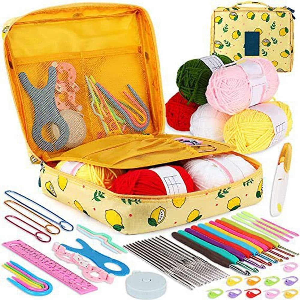 58-piece crochet hook set for beginners with yarn and bag, 10 sizes, Yellow - Image 1
