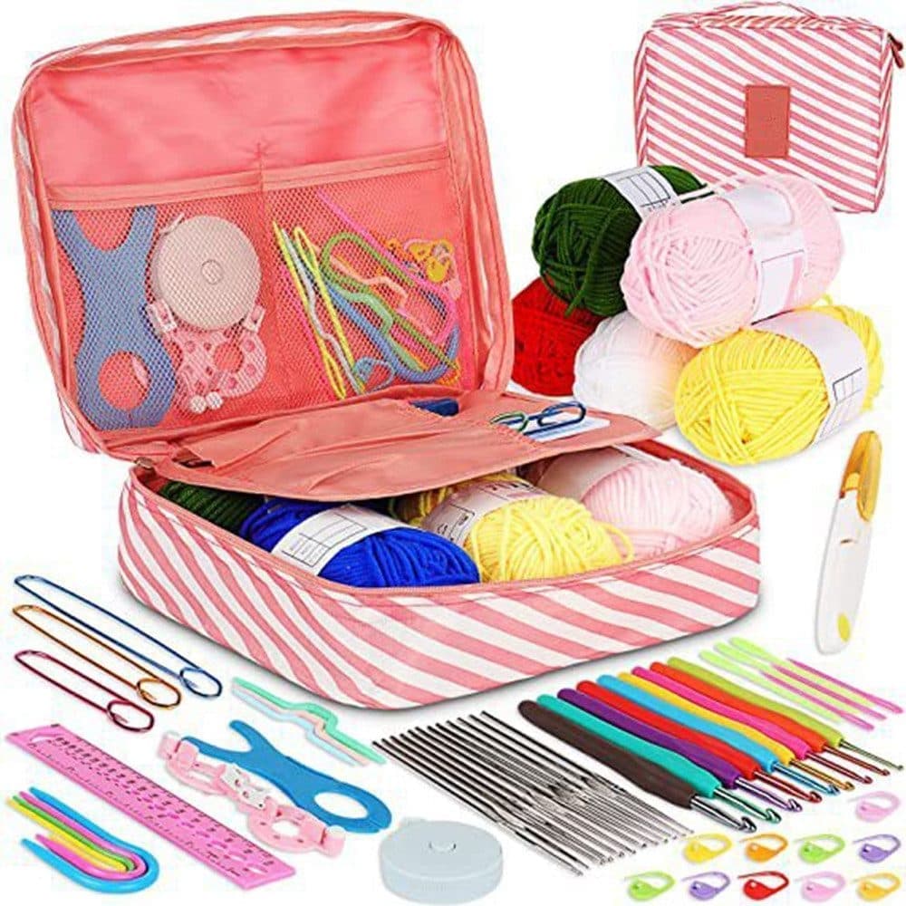 58-piece crochet hook set with yarn and storage bag for beginners, 10 sizes, light pink - Image 1