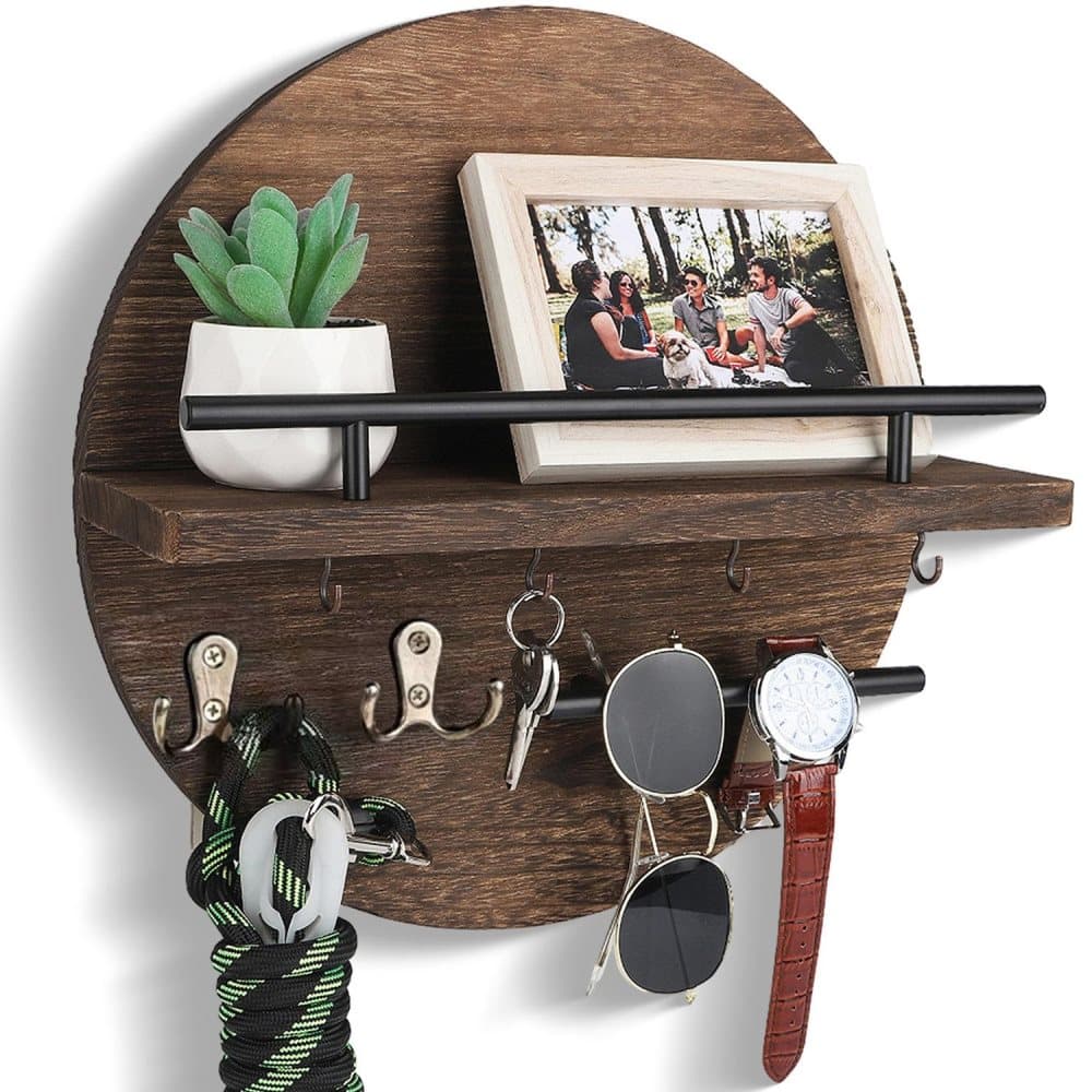 Wooden Key Holder with Storage Tray and Hooks for Hallway Corridor Bedroom Office, Brown - Image 1