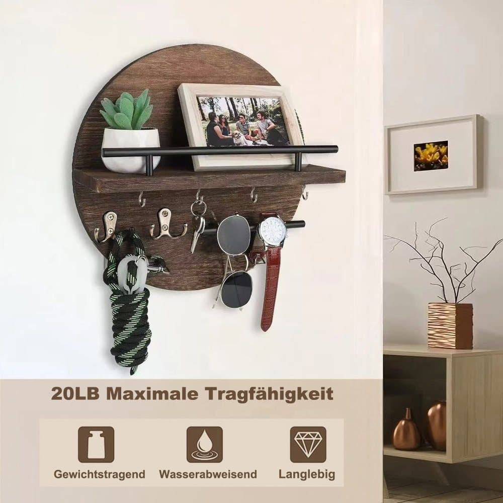 Wooden Key Holder with Storage Tray and Hooks for Hallway Corridor Bedroom Office, Brown - Image 2