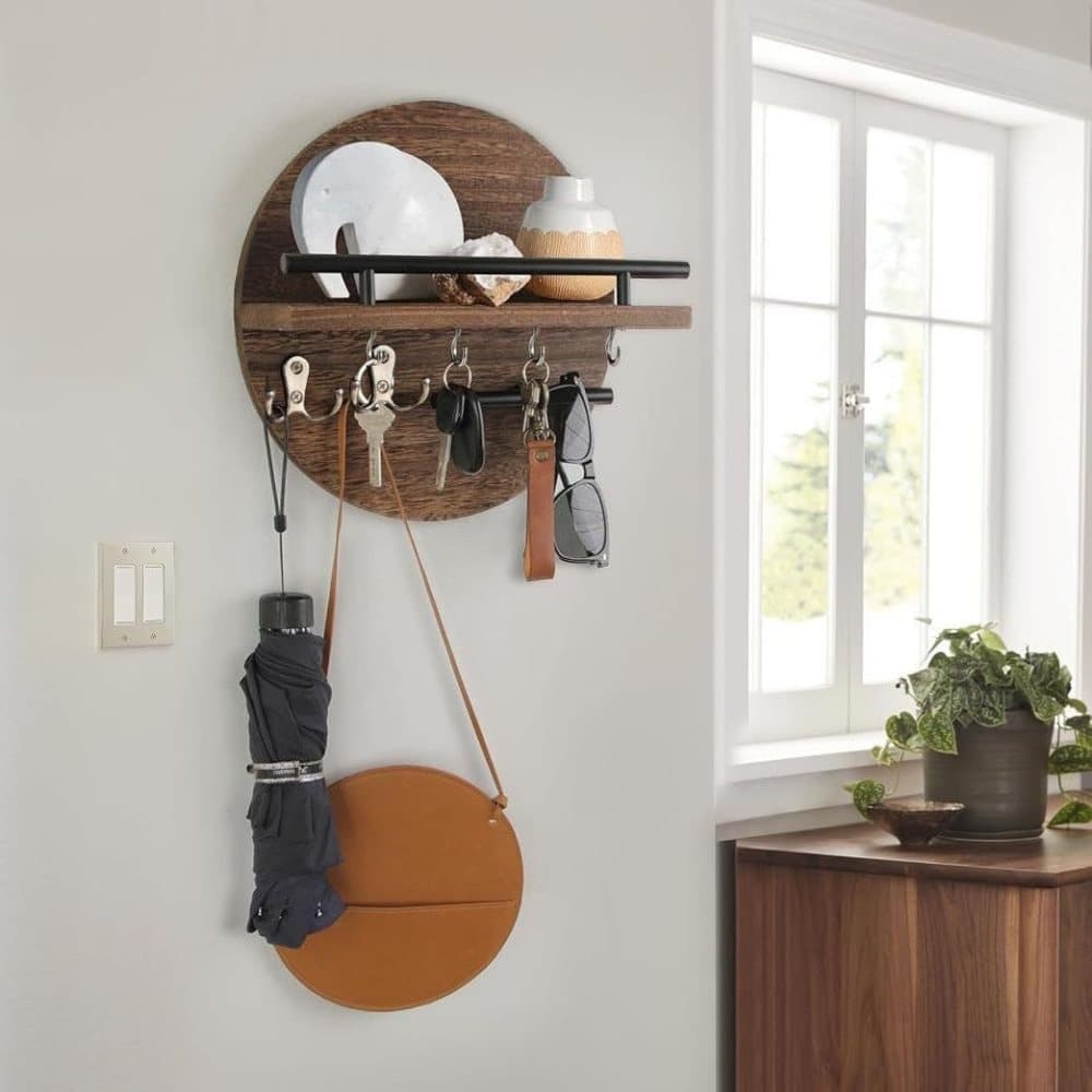 Wooden Key Holder with Storage Tray and Hooks for Hallway Corridor Bedroom Office, Brown - Image 3