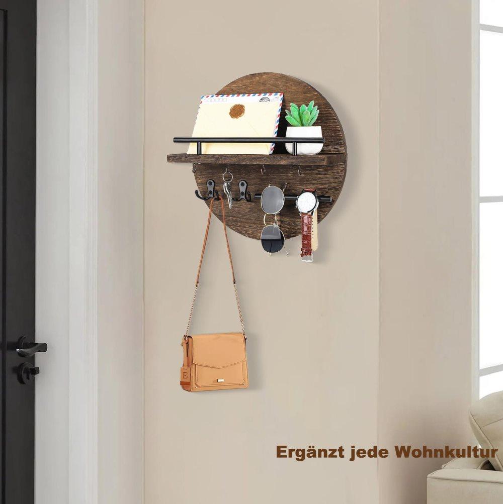 Wooden Key Holder with Storage Tray and Hooks for Hallway Corridor Bedroom Office, Brown - Image 5